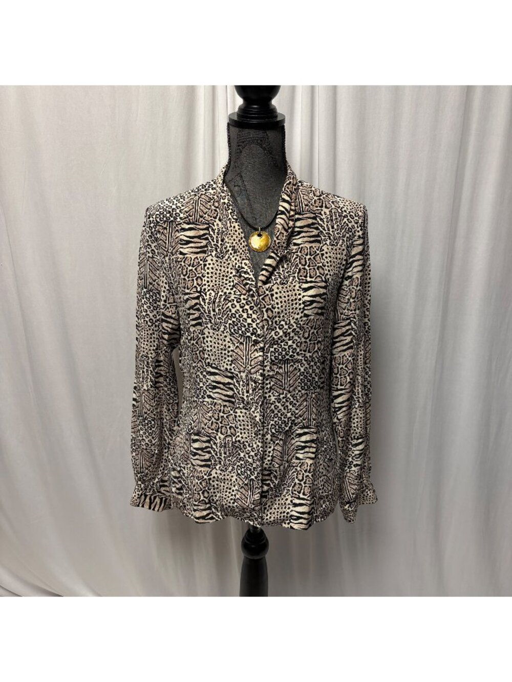 Jacqueline Ferrar Silk Blouse Womens Size 6 Animal Print Button-Up Brown Black